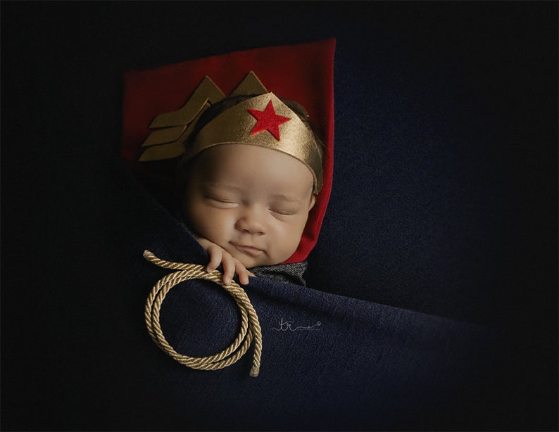 Girl Newborn Infant Hero Superhero Costume in Red Gold with Lasso Cape Cuffs Crown Newborn Infant Girl Photography Prop Halloween image 7