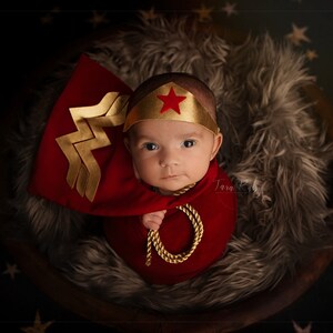 Girl Newborn Infant Hero Superhero Costume in Red Gold with Lasso Cape Cuffs Crown Newborn Infant Girl Photography Prop Halloween image 9