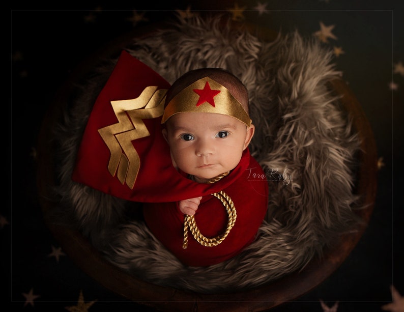 Girl Newborn Infant Hero Superhero Costume in Red Gold with Lasso Cape Cuffs Crown Newborn Infant Girl Photography Prop Halloween image 9