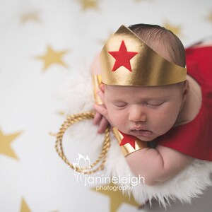 Girl Newborn Infant Hero Superhero Costume in Red Gold with Lasso Cape Cuffs Crown Newborn Infant Girl Photography Prop Halloween image 5