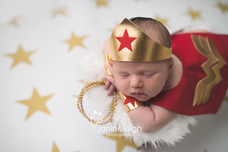 Girl Newborn Infant Hero Superhero Costume in Red Gold with Lasso Cape Cuffs Crown Newborn Infant Girl Photography Prop Halloween image 5