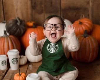 Green Barista Coffee Apron - Sitter Size Coffee Photography Prop Girl or Boy - Apron for Toddler Coffee Lover - Coffee Worker Apron - Prop