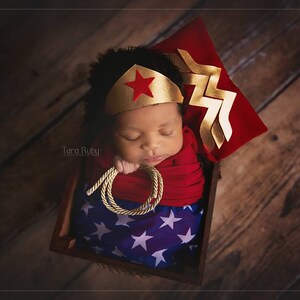 Girl Newborn Infant Hero Superhero Costume in Red Gold with Lasso Cape Cuffs Crown Newborn Infant Girl Photography Prop Halloween image 8