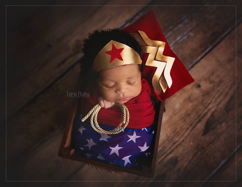 Girl Newborn Infant Hero Superhero Costume in Red Gold with Lasso Cape Cuffs Crown Newborn Infant Girl Photography Prop Halloween image 8