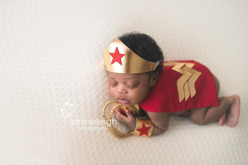 Girl Newborn Infant Hero Superhero Costume in Red Gold with Lasso Cape Cuffs Crown Newborn Infant Girl Photography Prop Halloween image 1