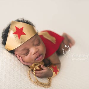 Girl Newborn Infant Hero Superhero Costume in Red Gold with Lasso Cape Cuffs Crown Newborn Infant Girl Photography Prop Halloween image 3