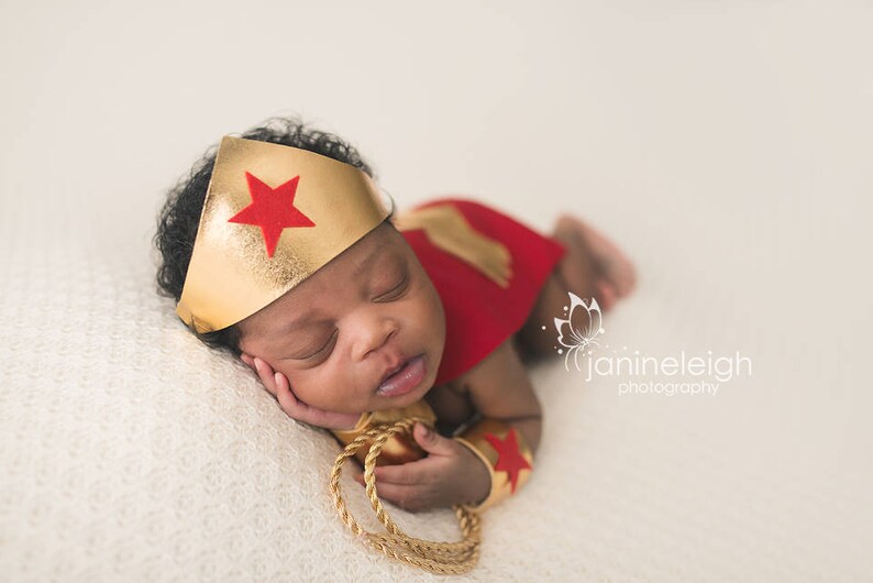 Girl Newborn Infant Hero Superhero Costume in Red Gold with Lasso Cape Cuffs Crown Newborn Infant Girl Photography Prop Halloween image 3