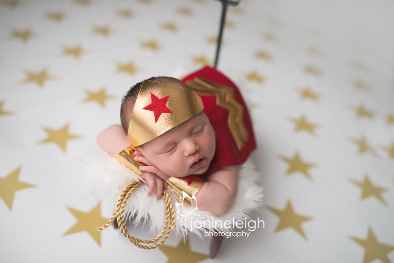 Girl Newborn Infant Hero Superhero Costume in Red Gold with Lasso Cape Cuffs Crown Newborn Infant Girl Photography Prop Halloween image 6