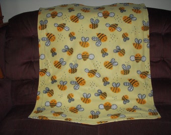 Pet Blanket - cute happy bees on yellow print fleece with the same print on the reverse side