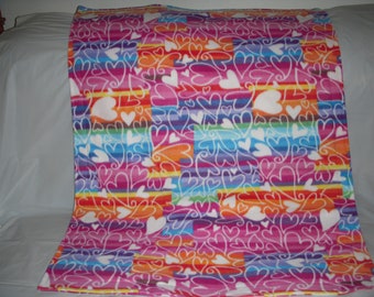 Pet Blanket - white hearts on rainbows print fleece with the same print on the reverse side.