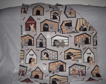 Doggy Blanket -  cute little doggies sitting in front of their dog houses print fleece with the same print on the reverse side