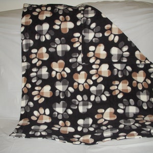 Doggy Blanket - large gray and tan plaid paws on black print fleece with the same print on the reverse side
