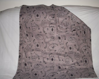 Kitty Blanket - little cats on gray fleece with the same print on the reverse side