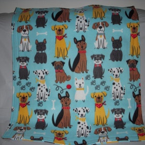 Doggy Blanket -  cute little doggies with bandanas and bowties on blue print fleece with the same print on the reverse side
