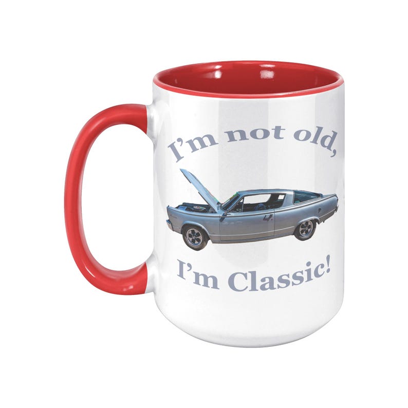 1966 Plymouth Barracuda Muscle Car Photo Mug, Custom Color Handle 15 oz Ceramic Cup, Vintage Car Gift, ORCA Coated Dishwasher Safe Red