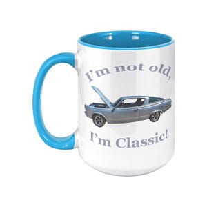 1966 Plymouth Barracuda Muscle Car Photo Mug, Custom Color Handle 15 oz Ceramic Cup, Vintage Car Gift, ORCA Coated Dishwasher Safe Blue