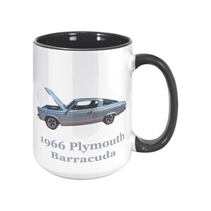 1966 Plymouth Barracuda Muscle Car Photo Mug, Custom Color Handle 15 oz Ceramic Cup, Vintage Car Gift, ORCA Coated Dishwasher Safe Black