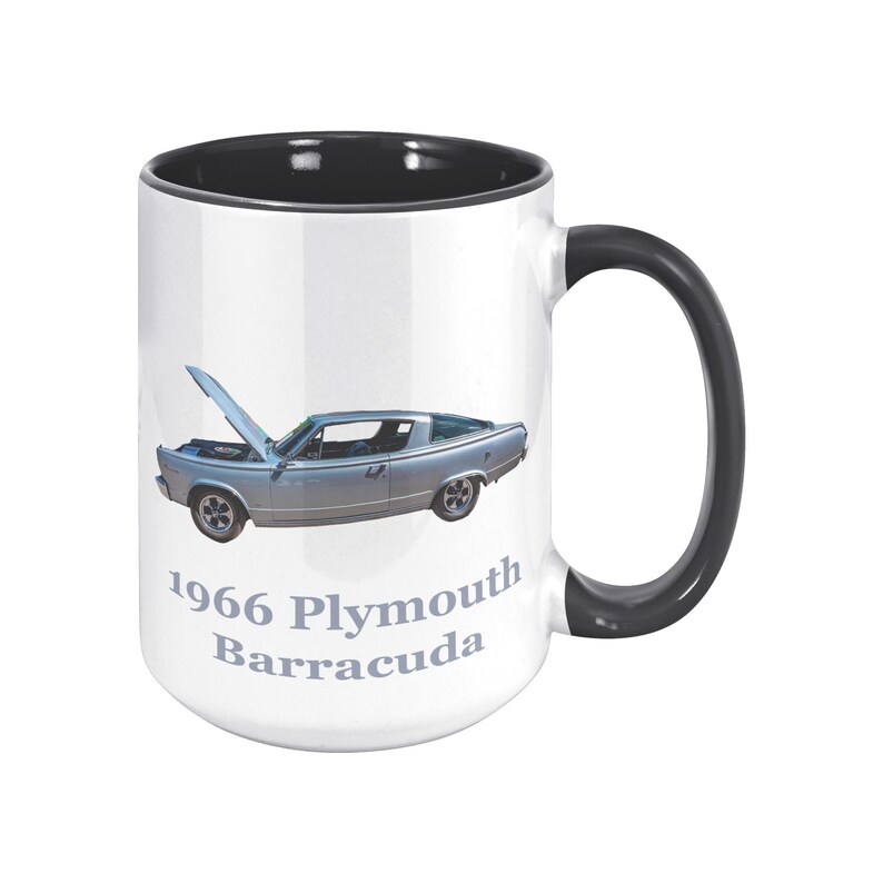 1966 Plymouth Barracuda Muscle Car Photo Mug, Custom Color Handle 15 oz Ceramic Cup, Vintage Car Gift, ORCA Coated Dishwasher Safe Black
