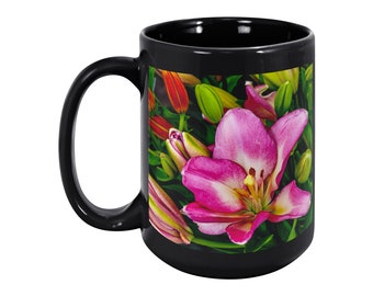 Beautiful Mugs, Floral Gift Mug, 15 oz Black Ceramic Mug, Pink Lily Mug for Mom, Floral Mug for Mother, Pink Lily Coffee Mug, Unique Gifts