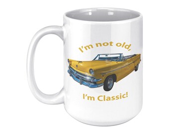 1954 Ford Sunliner 15 Unzen Becher - Klassisches Cabrio Geschenk - Vintage Gelbe Auto Kaffeetasse - Retro Ford Enthusiast Sammlerstück
