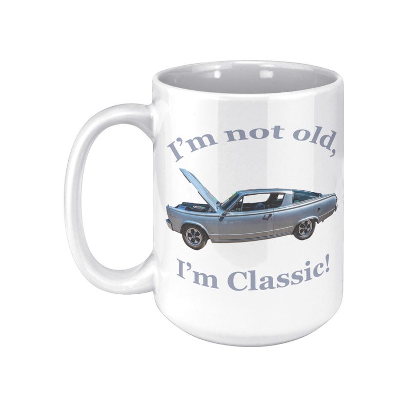 1966 Plymouth Barracuda Muscle Car Photo Mug, Custom Color Handle 15 oz Ceramic Cup, Vintage Car Gift, ORCA Coated Dishwasher Safe White