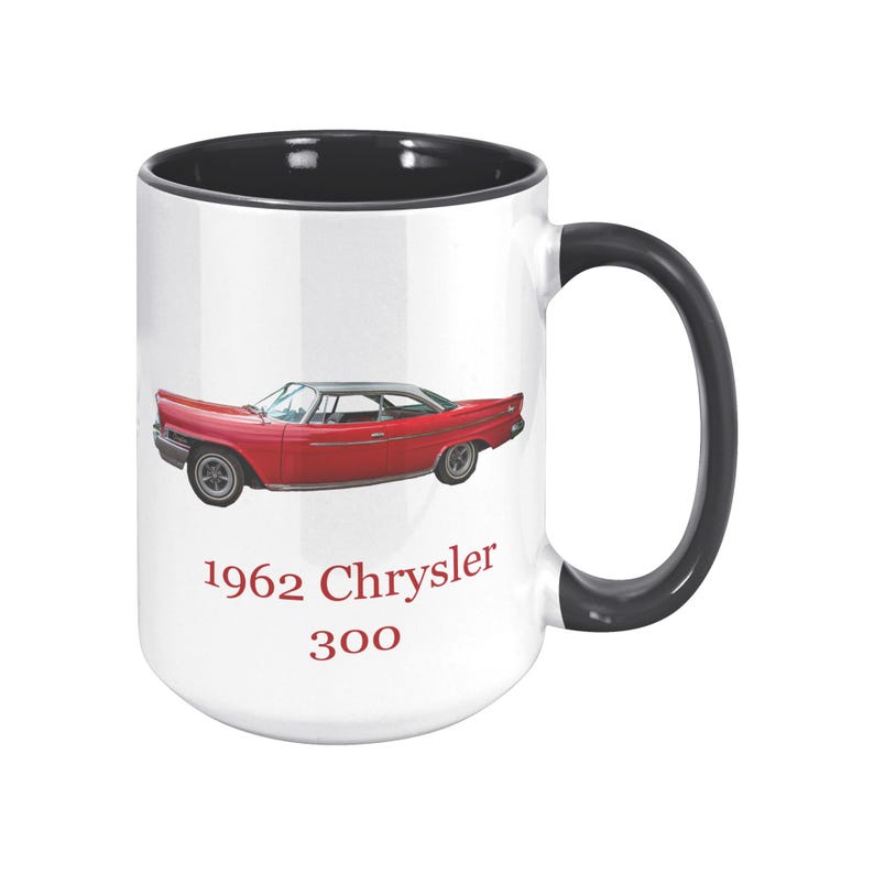 White ceramic mug with vintage 1962 Chrysler 300 photo and 'I'm not old, I'm classic!' quote. Reverse shows '1962 Chrysler 300' text. Options: black, blue, pink, or red handle/interior.