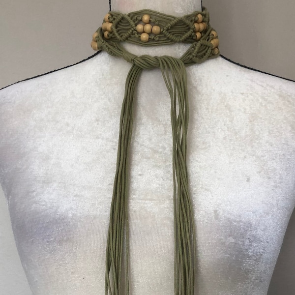 Sage Green 1970s Vintage Macramé Belt, with Wooden Tan Beaded