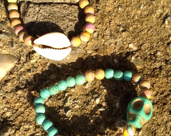 Rainbow turquoise and shell or skull bracelet