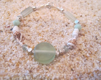 sea foam green sea glass and shell bracelet