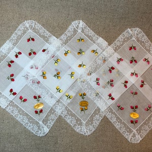 Rosebud Handkerchief Embroidered Sheer Batiste Cotton Vintage 1960s New Old Stock 3 Colorways Red Yellow Pink Switzerland Swiss