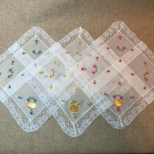 Daisy Handkerchief Embroidered Sheer Batiste Cotton Vintage 1960s New Old Stock 3 Colorways Blue Yellow Pink Switzerland