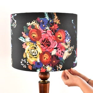 Black floral lampshade, Drum linen lampshade