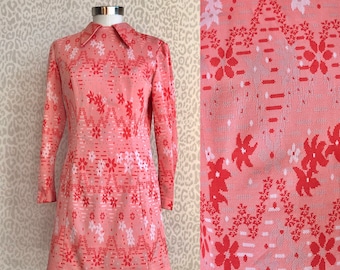 70er Kragen Kleid M-L, rotes Blumenmuster, A-Form Knie Kleid, 70er Mode, Retro Stil, 70er Stil