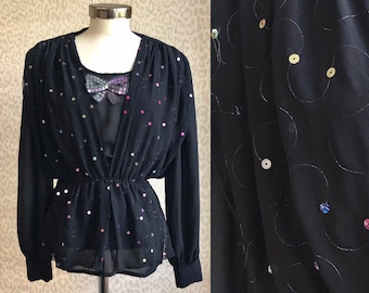 80s Vintage Sheer Black Blouse, Rainbow Glitter, Puff Sleeves
