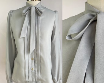 Secretary blouse in gray size M from 1980s, custom made blouse, vintage 1980s fashion