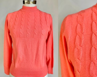 Hot pink/orange pullover S/M with high collar, 80's knitwear, vintage fashion, retro pullover