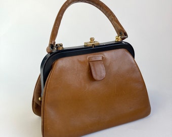 Bolso de cuero marrón, bolso de mango superior - bolso retro clásico vintage de la década de 1960