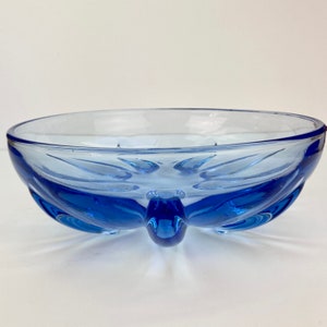 Vintage glass serving bowl, Art Deco bowl, pressed blue glass bowl