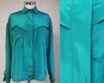 80's oversized blouse, women's blouse from teal green poly blend, long sleeves, retro blouse, women's vintage blouse, 80s fashion
