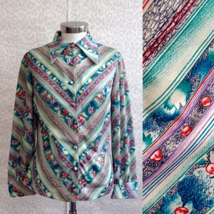 Blusa Vintage Tamanho M/S | Blusa Sob Medida com Padrão Abstrato | Mistura Poli dos anos 70