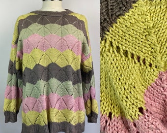 1980s oversized pullover in yellow green pink and grey, handmade crocheted sweater, vintage fashion, fits S-XL