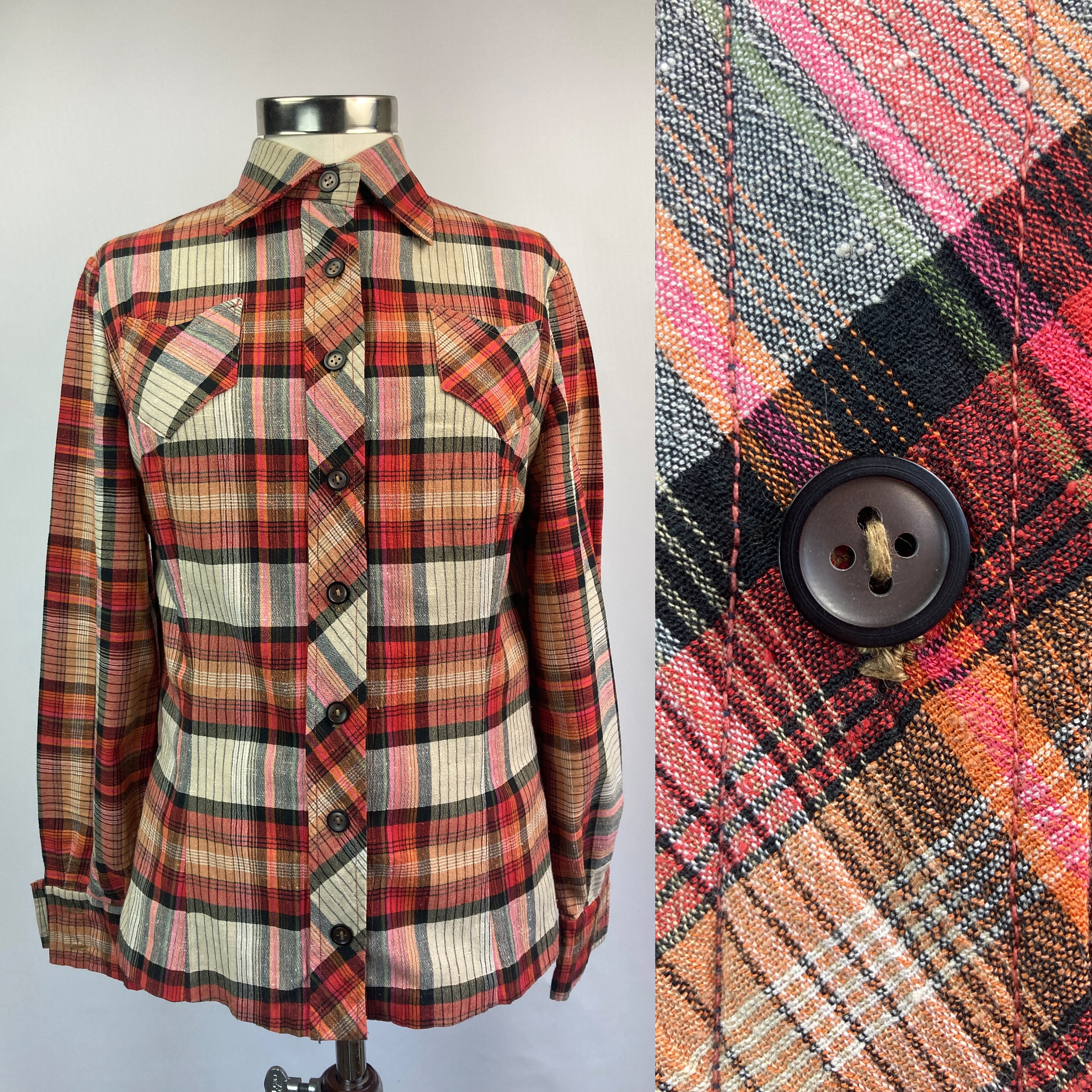 Camisa de cuadros para mujer de los años 80, camisa de manga larga con 2  bolsillos delanteros, rojo, beige, negro y naranja, declaración de moda  vintage - Etsy México, image size:3000x3000