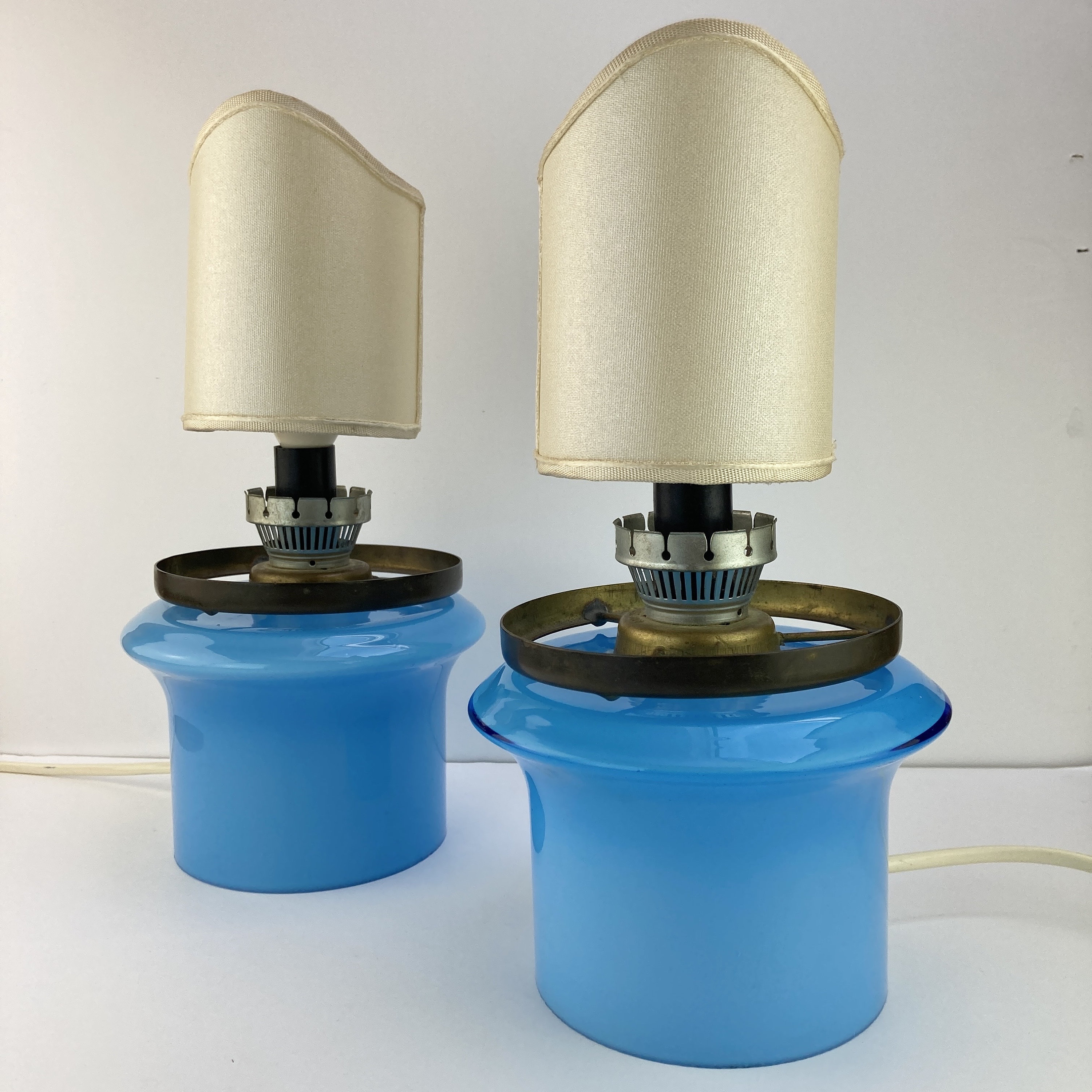 Pair of Mid-century Bedside Lamps in Blue Glass and off White Clip-on ...