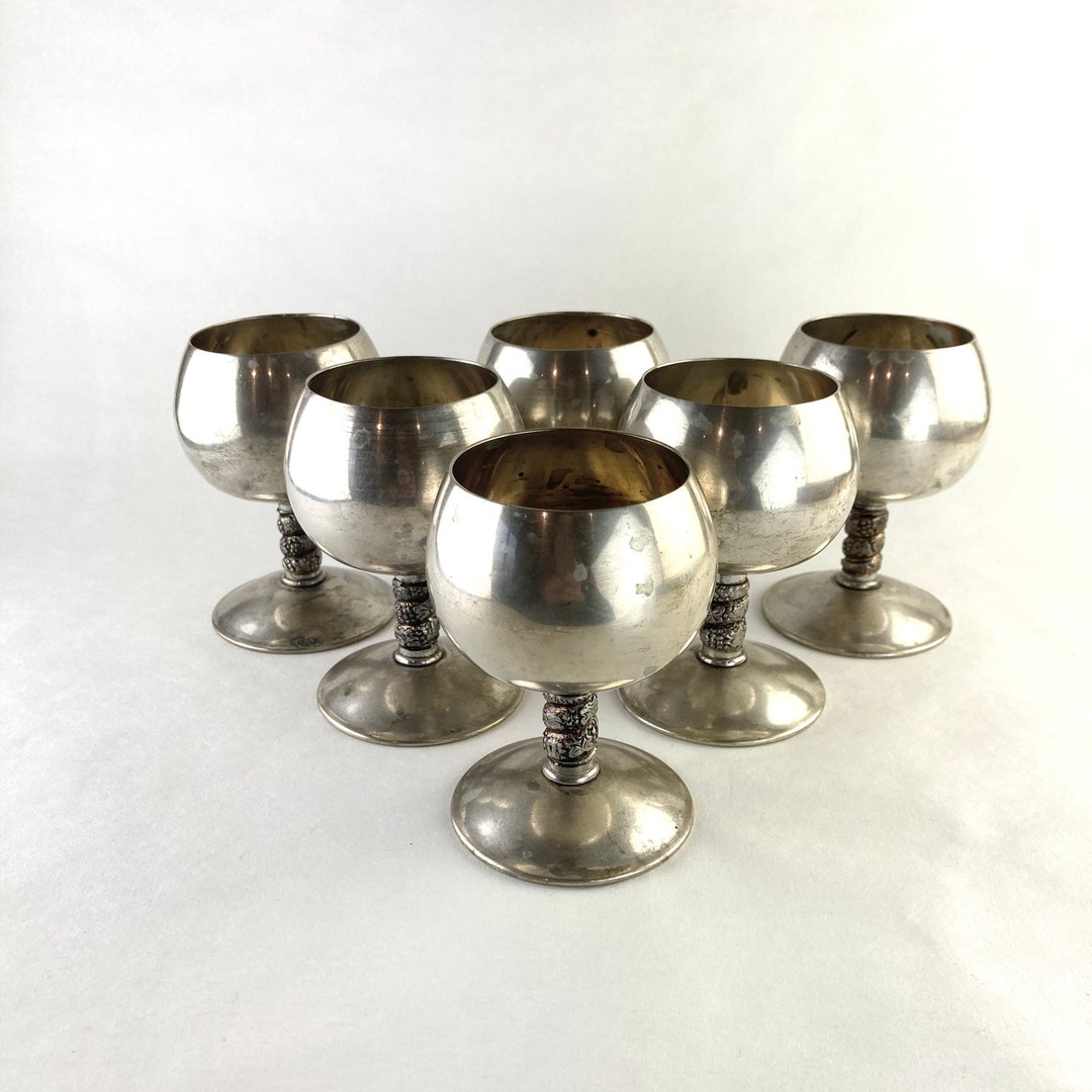 Silver Plated Goblets, Set of Wine/brandy Goblets With Grape Vine Motif