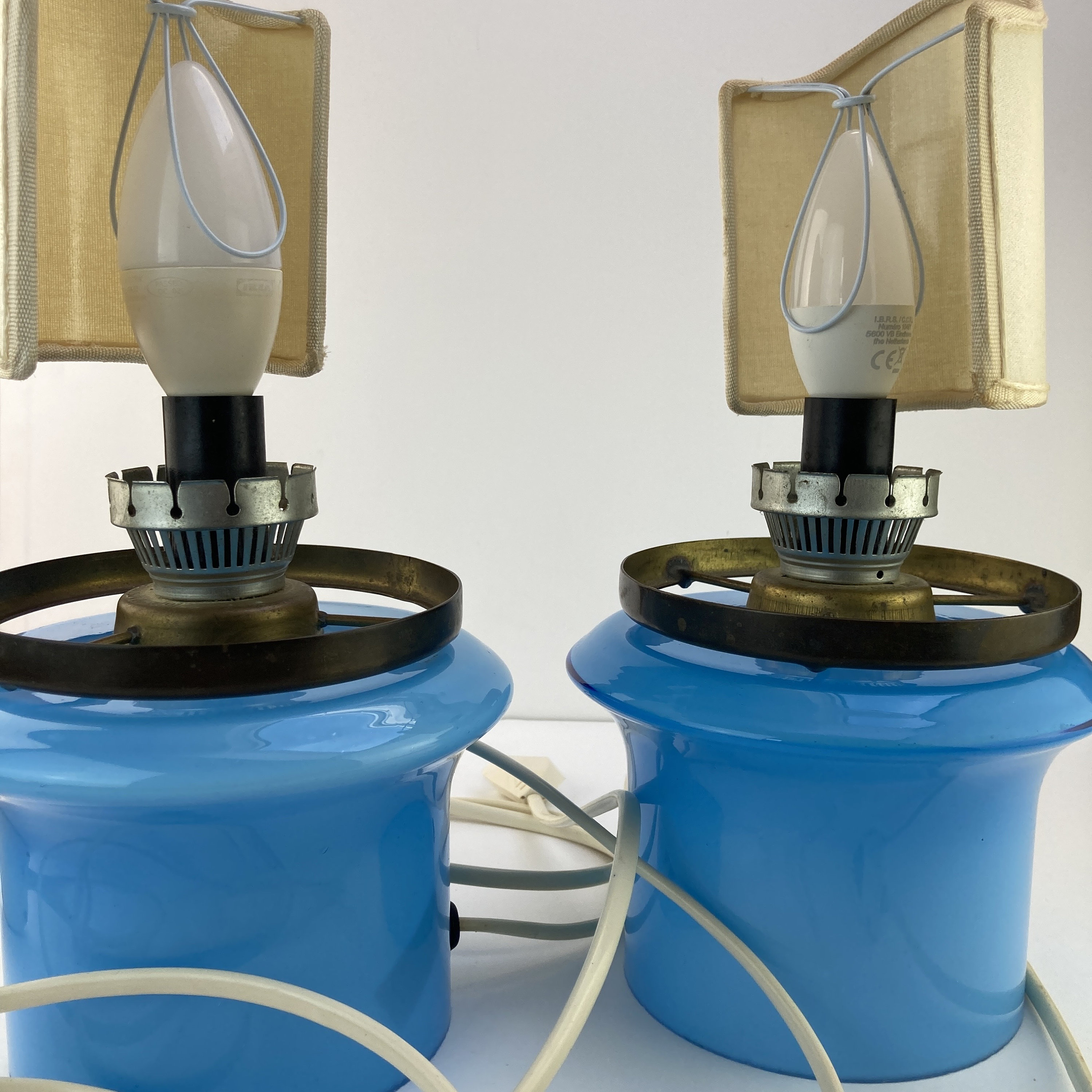 Pair of Mid-century Bedside Lamps in Blue Glass and off White Clip-on ...