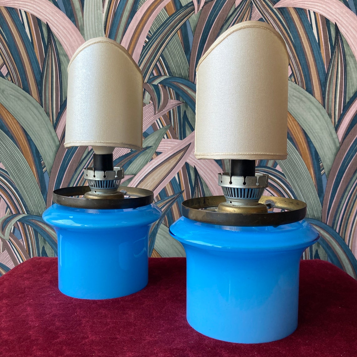 Pair of Midcentury Bedside Lamps in Blue Glass and off White Clipon
