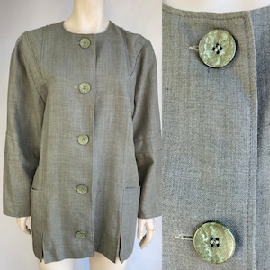1980s Oversized Green Blazer with Shoulder Pads and Unique Buttons, Vintage Linen Blazer