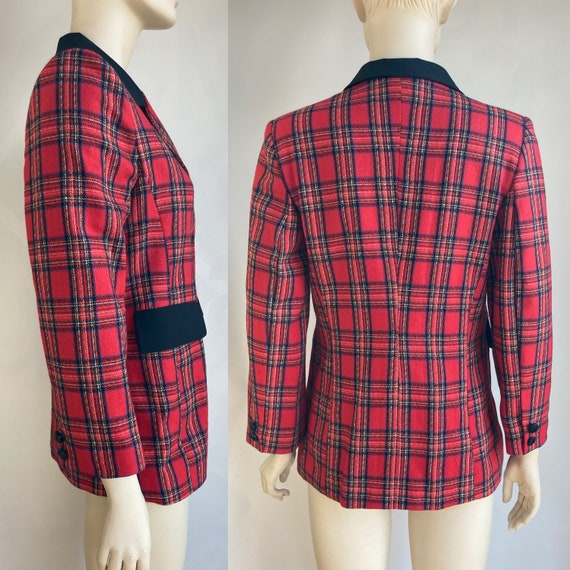 Red checked blazer with black buttons and details… - image 2