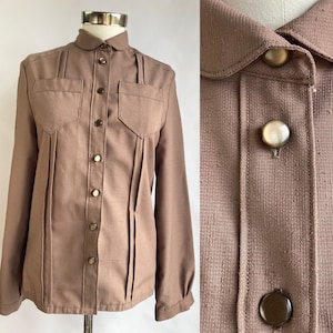 Brown Blouse with Front Pockets - Elegant Button-Up Shirt, 1980s Vintage Fashion for Women