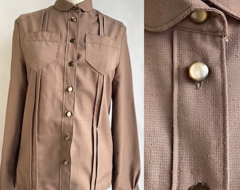 Brown Blouse with Front Pockets - Elegant Button-Up Shirt, 1980s Vintage Fashion for Women